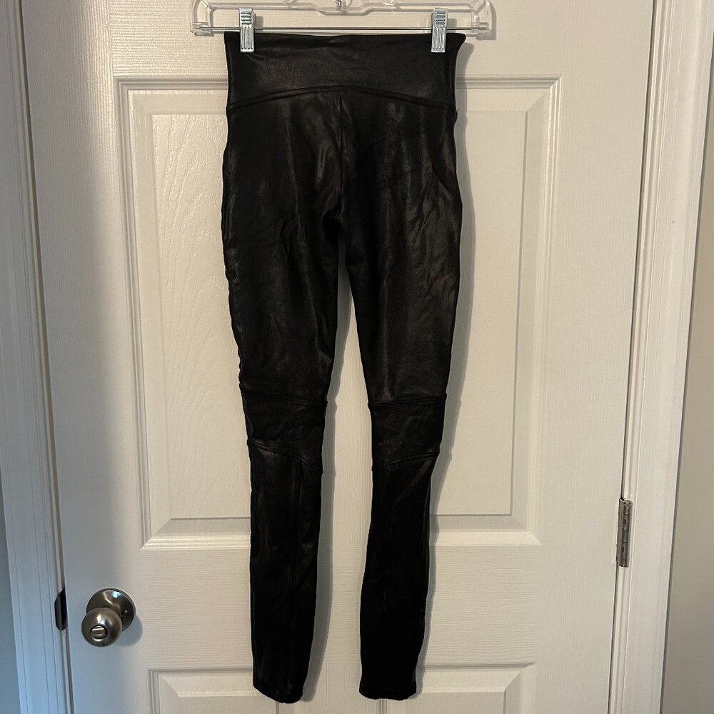 Spanx Moto Faux Striped Leather Leggings, Black XS